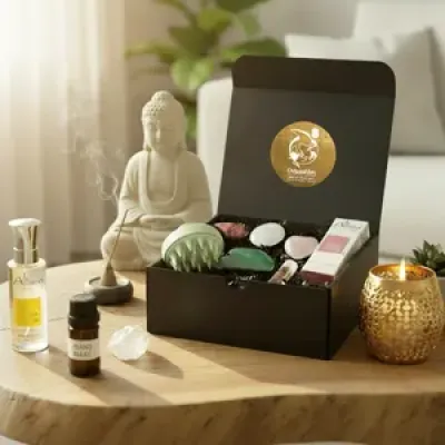 Coffret bien-être Feng Shui avec pierres, bougie, huile et encens pour rituel de relaxation