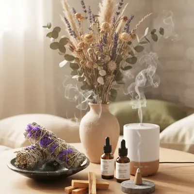 Fumigation à la sauge blanche pour purification énergétique dans un intérieur zen